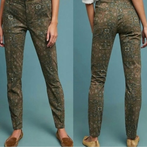 Anthropologie Cadet Slim Utility Pants Size 28 Green Patterned Boho - Picture 1 of 11